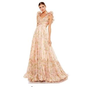 MAC DUGGAL RUFFLE TIERED FLORAL CUT-OUT CHIFFON GOWN SIZE 12
